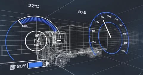 Displaying wireframe truck chassis in grid space with eco gauge, battery icon, Illustrazione stock