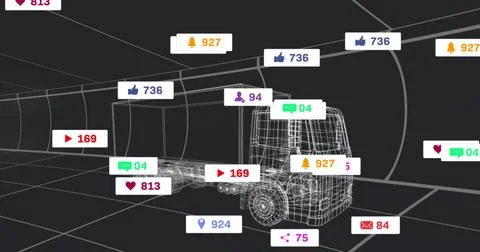 Displaying wireframe truck hovering over grid floor in tunnel, showing floating Stock Illustration