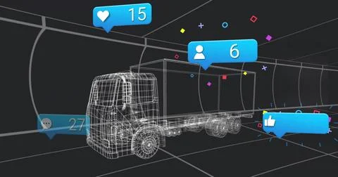 Displaying wireframe truck model navigating grid tunnel, with social media Stock Illustration