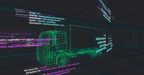 Displaying wireframe truck model rotating in 3D workspace, with floating code, Stock Illustration