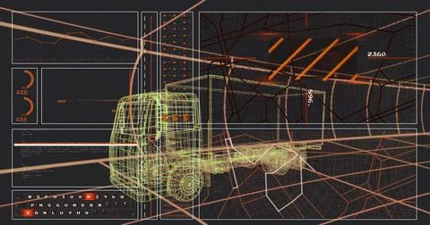 Displaying wireframe truck model rotating over digital city map, with HUD pan Ilustração Stock
