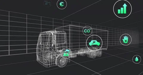 Displaying wireframe truck rotating within 3D grid, with floating icons of 스톡 일러스트