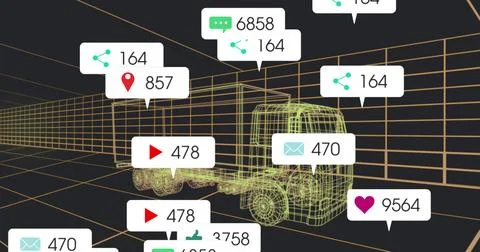 Displaying wireframe truck trailer model in virtual 3D grid space, with Stock Illustration