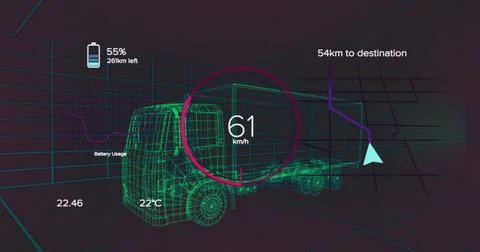 Displaying wireframe truck-trailer navigating grid-tunnel, showing HUD 61km or Stock Illustration