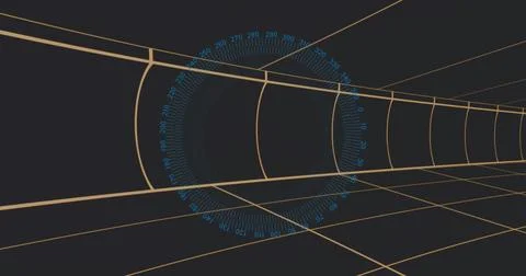 Displaying wireframe tunnel in virtual corridor, with golden grid lines and cyan Stock Illustration