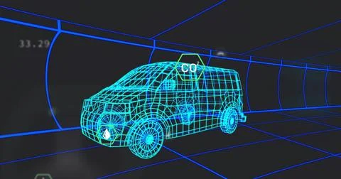 Displaying wireframe van model occupying centered tunnel corridor, showing bl Stock Illustration