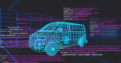 Displaying wireframe van model rotating within virtual 3D workspace, with Stock Illustration