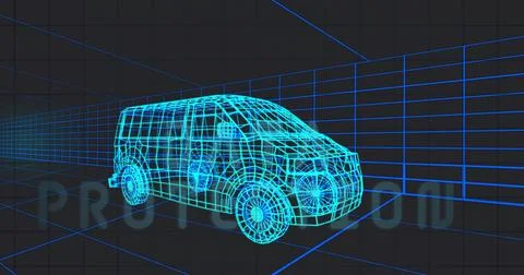 Displaying wireframe van model rotating in digital studio, highlighting grid 스톡 일러스트