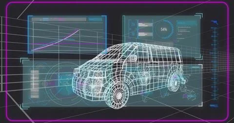 Displaying wireframe van model rotating in holographic interface, with gauge, Stock Illustration
