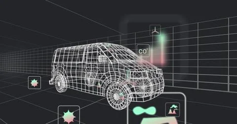 Displaying wireframe van model rotating within 3D grid, with CO? icon and wind Stock Photos