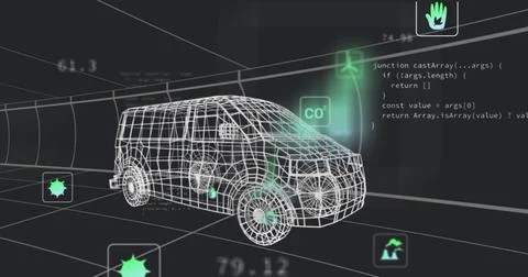 Displaying wireframe van model rotating in 3D grid with code overlays and green 스톡 사진