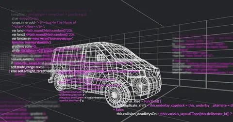 Displaying wireframe van model rotating on dark workspace, with code lines and Foto stock
