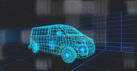 Displaying wireframe van model showing mesh lines, wheels mirror in depth grid Stock Photos