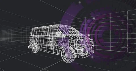 Displaying wireframe van model sitting on grid plane in 3D workspace, with 스톡 사진