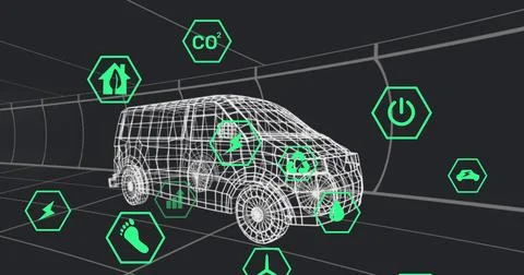 Displaying wireframe van model sliding through digital tunnel, with floating Stock Photos