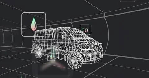 Displaying wireframe van model within virtual curved tunnel, with droplet icon Stock Photos