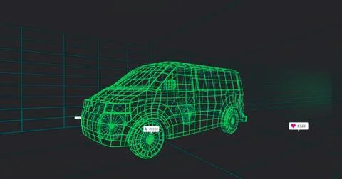 Displaying wireframe van rotating in grid studio showing number tags on wheels Stock Illustration