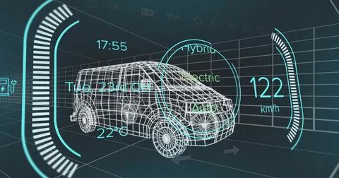 Displaying wireframe van rotating in virtual lab with hologram speedometer and イラスト素材