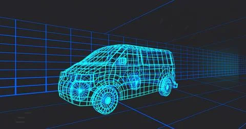 Displaying wireframe van sitting on floor in 3D modeling space, with grid walls Illustrazione stock