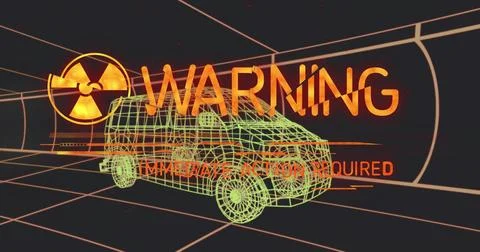 Displaying wireframe van in tunnel with orange WARNING IMMEDIATE ACTION REQUI Stock Illustration
