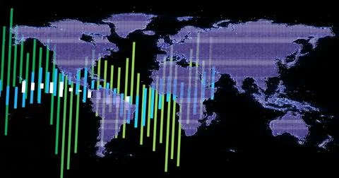 Displaying world dot map with gridlines on panel, featuring green, light-green, Stock Illustration