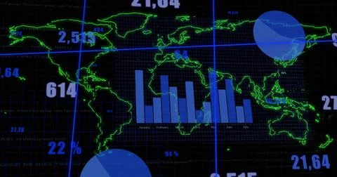 Displaying world map on analytics panel, with blue grid, data circles and lab Stock Photos