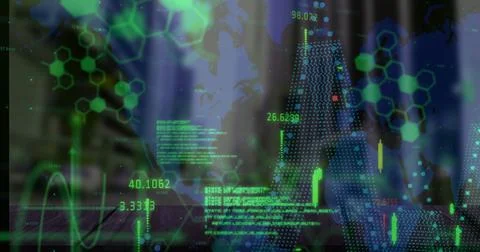 Displaying world map and network on office desk, with floating numerical data Foto stock