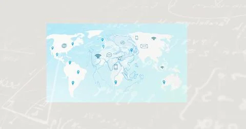 Displaying world map on beige canvas, with blue pins, Wi-Fi, envelope, phone, Stock Illustration