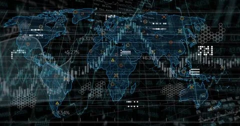 Displaying world map with candlestick bars, line graphs, percent tags on dark Illustrazione stock