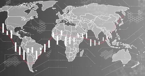 Displaying world map with candlestick bars and red trend line on dark grid 스톡 일러스트