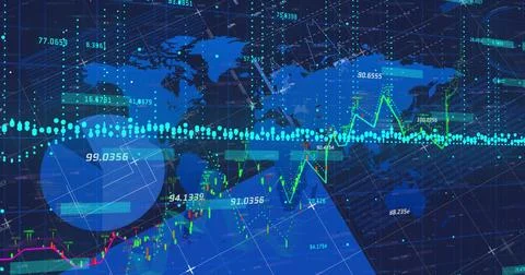 Displaying world map with candlestick-line graphs, numeric labels, dot trend Stock Photos