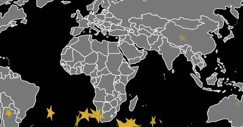 Displaying world map centered on black ocean, showing gray lands, white borders, Stock Illustration