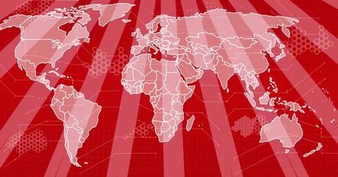 Displaying world map centered on red grid backdrop, showing white borders, Illustrazione stock
