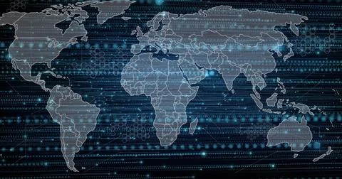 Displaying world map centering Africa and Eurasia, streaming dots with hex grid 库存插图