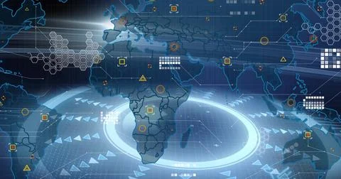 Displaying world map centering Africa, glowing radar ring, grid, data nodes in Illustrazione stock