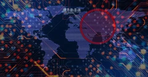 Displaying world map centering red highlight over East Asia on network Illustrazione stock