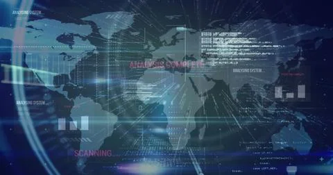 Displaying world map with code overlays, bar charts, gridlines, scanning status Foto stock