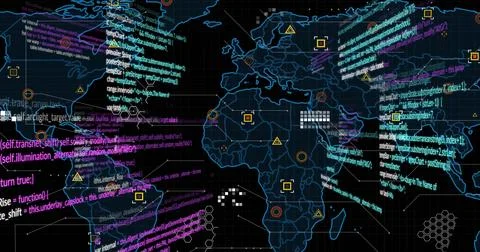 Displaying world map with code streams in data dashboard, neon shapes, red Stock Illustration