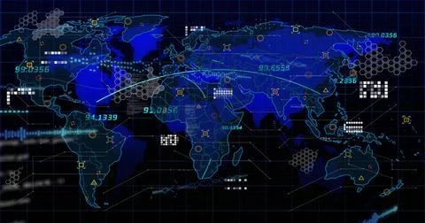 Displaying world map on command center dashboard, with hex grid, curved data 库存插图