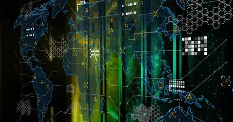 Displaying world map in control room with grid network, data nodes, warning Stock Illustration