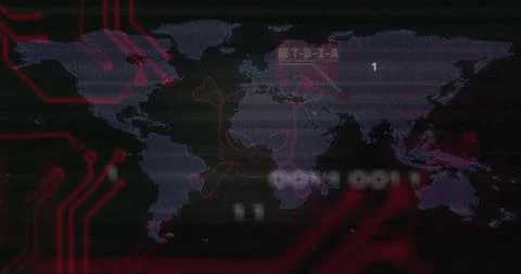 Displaying world map on cyber dashboard, with red circuits, skull crossbones, Stock Photos