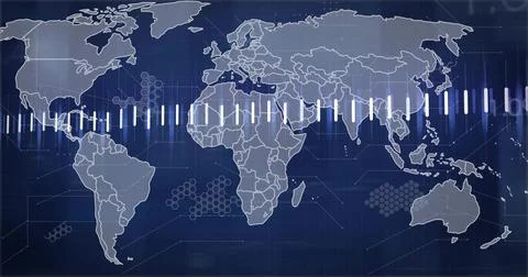 Displaying world map on dark blue HUD, showing vertical bars, hexagon dots and Ilustración de archivo
