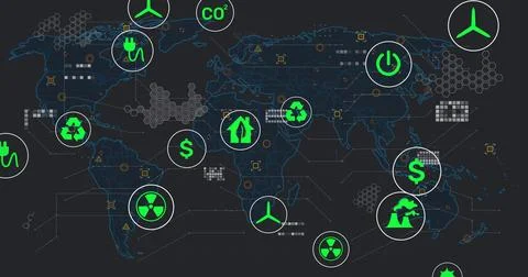Displaying world map on dark dashboard, showcasing green circular energy and Illustrazione stock