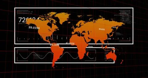 Displaying world map on dark dashboard, with orange continents, red grid, white Stock Illustration