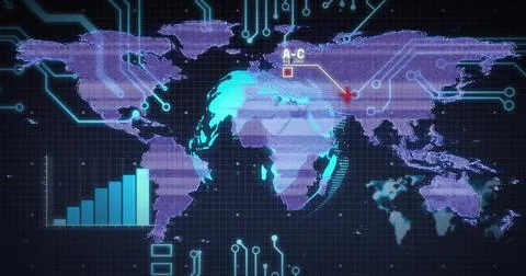 Displaying world map on dark grid interface, with neon circuits, red marker, bar Illustrazione stock