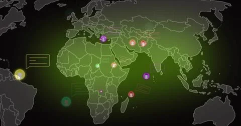 Displaying world map on dark screen showing communication nodes with glowing Illustrazione stock