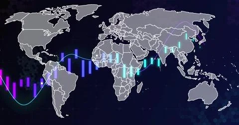 Displaying world map on dashboard, with colorful candlestick bars, neon line, Stock Photos