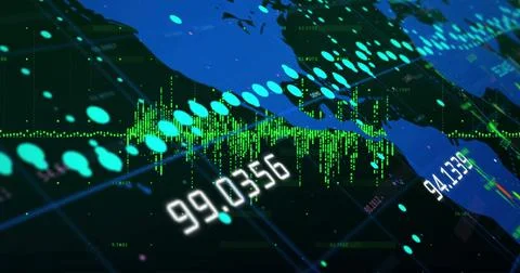 Displaying world map on dashboard, with cyan markers, green bar graphs, white Stock Photos
