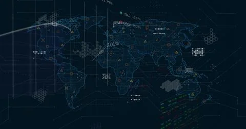 Displaying world map dashboard on desktop, showing hexagonal clusters, warning Illustrazione stock