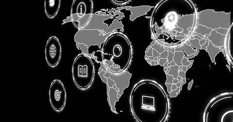 Displaying world map on dashboard, with glowing icons of globe book laptop Stock Illustration